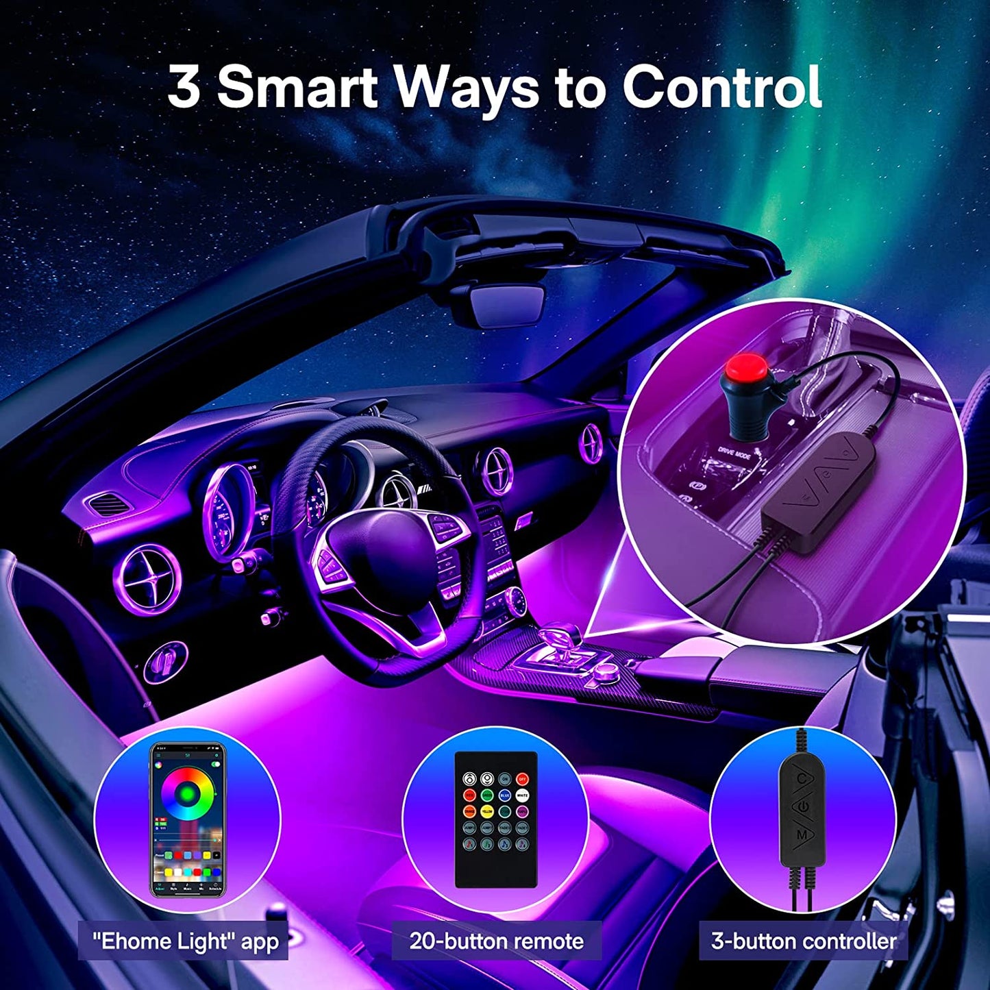 LED Lights for Car,  Car LED Lights Car Accessories, App Control with Remote, Music Sync Interior Car Lights, DIY, under Dash RGB LED Strip Lights for Car, Truck (12V DC with Charger).