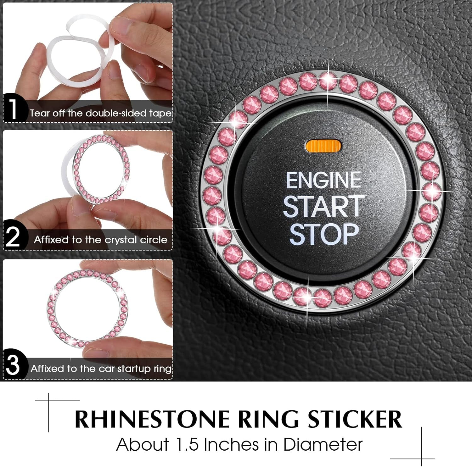 5 Pieces Bling Car Accessories Set Crystal Diamond Car Steering Wheel Cover Faux Fur Auto Center Console Pad Cup Holders Rhinestone Ring Sticker for Car Decor(Hot Pink)