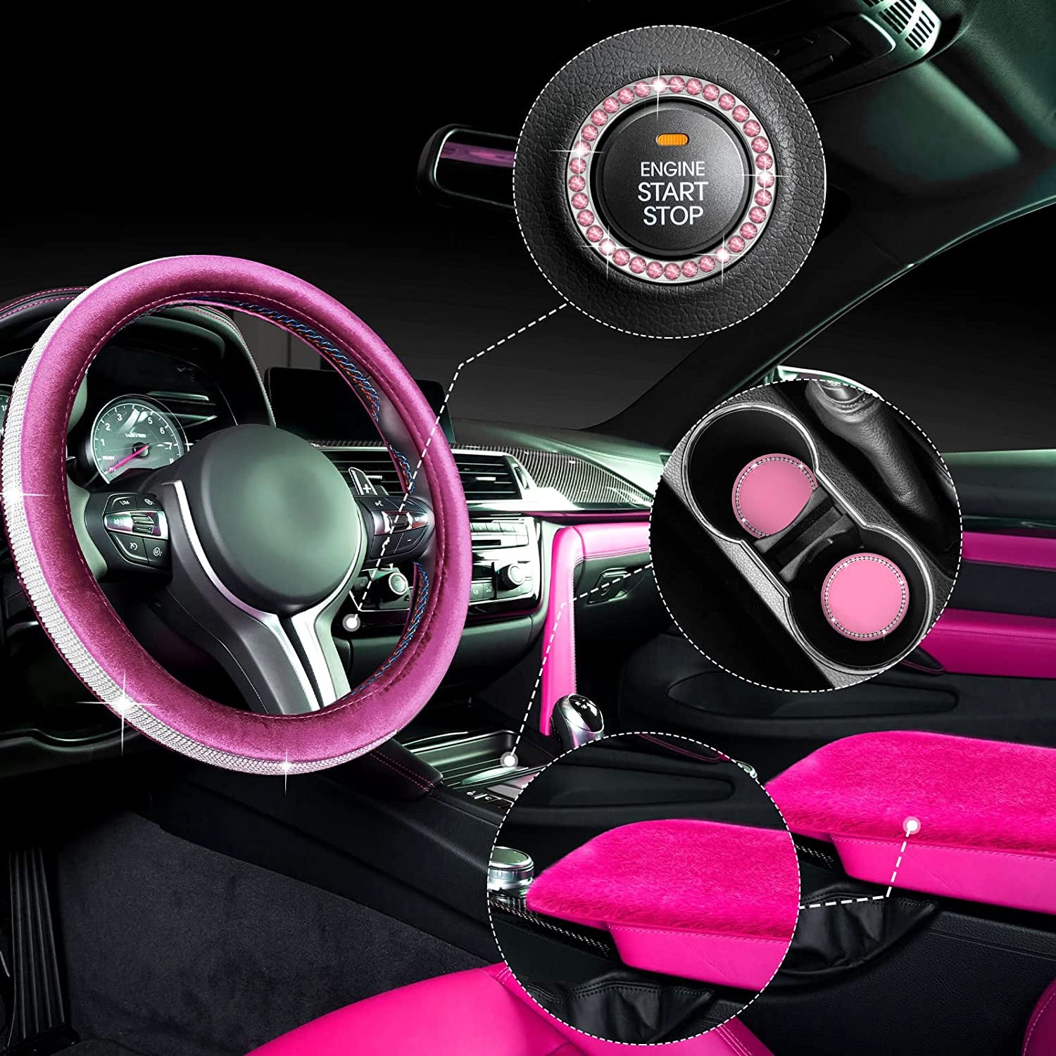 5 Pieces Bling Car Accessories Set Crystal Diamond Car Steering Wheel Cover Faux Fur Auto Center Console Pad Cup Holders Rhinestone Ring Sticker for Car Decor(Hot Pink)