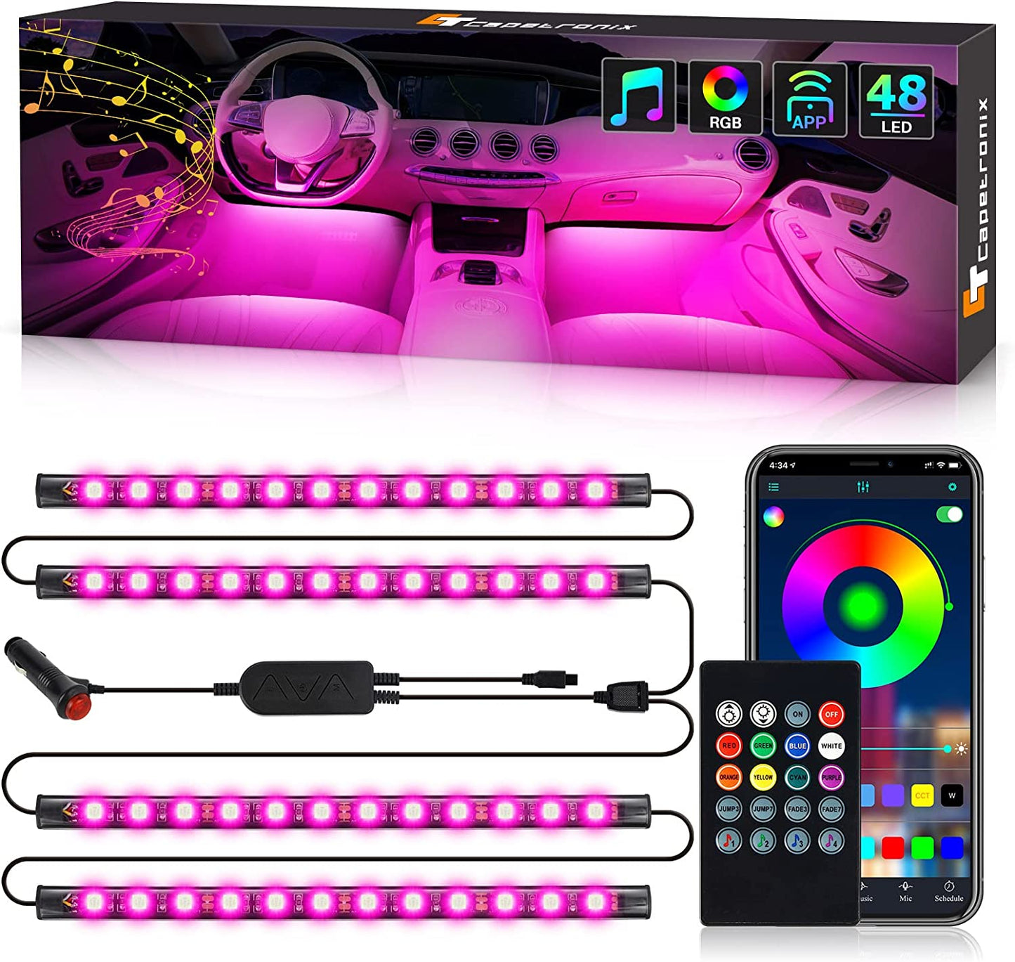 LED Lights for Car,  Car LED Lights Car Accessories, App Control with Remote, Music Sync Interior Car Lights, DIY, under Dash RGB LED Strip Lights for Car, Truck (12V DC with Charger).