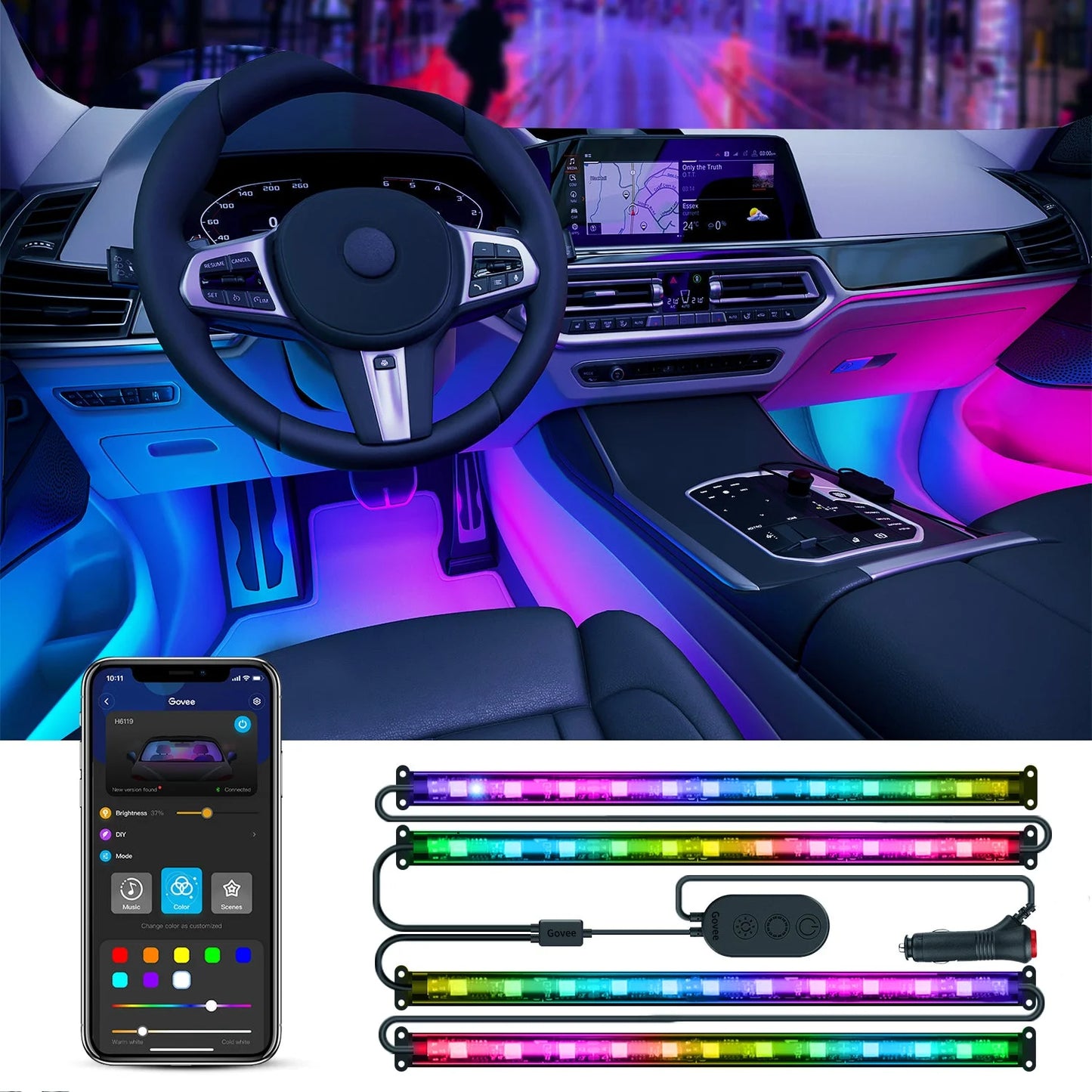 LED RGBIC Interior Car Lights, APP and Remote Control, Music Sync Feature, 16 Million Light Color with Silicone Coating