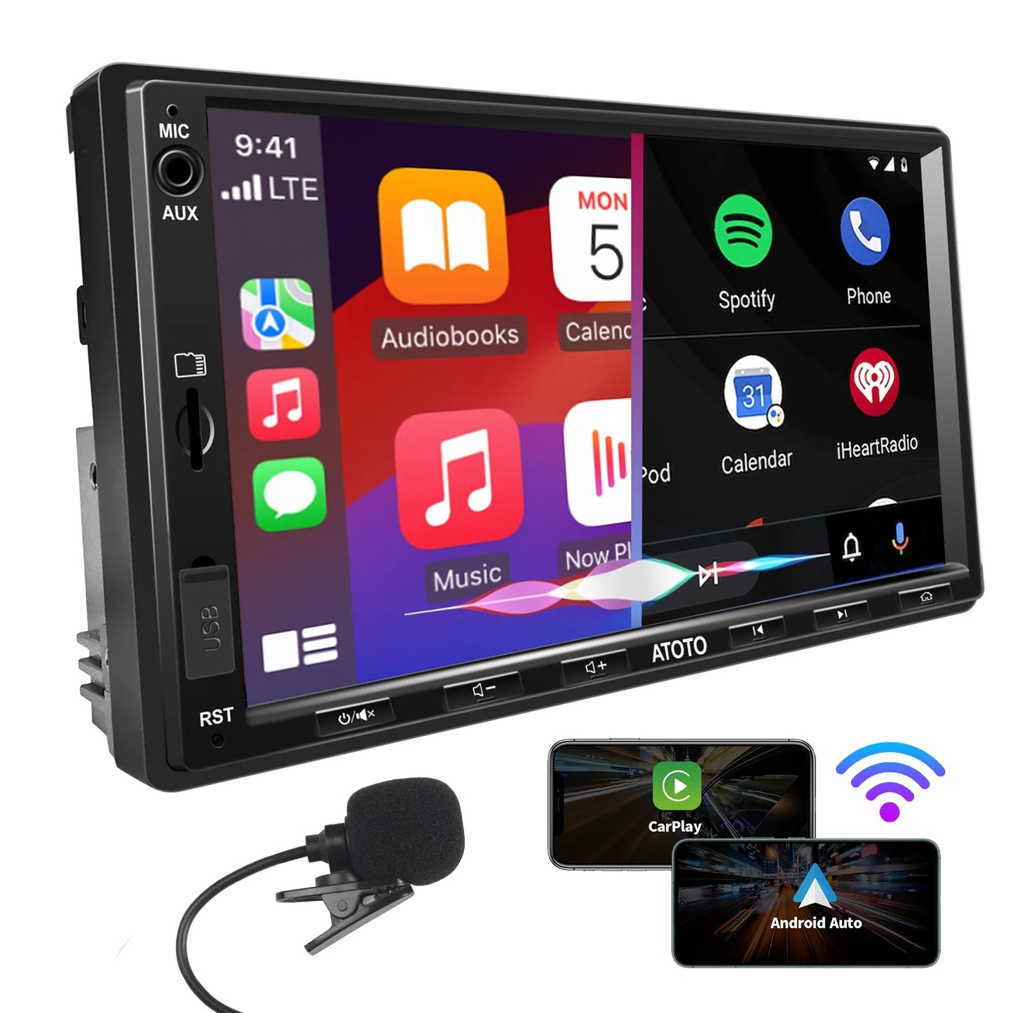 Double Din Car Stereo with Wireless Apple Carplay & Wireless Android Auto,7Inch F7WE Car Radio with GPS Navi,Hd Rear Camera