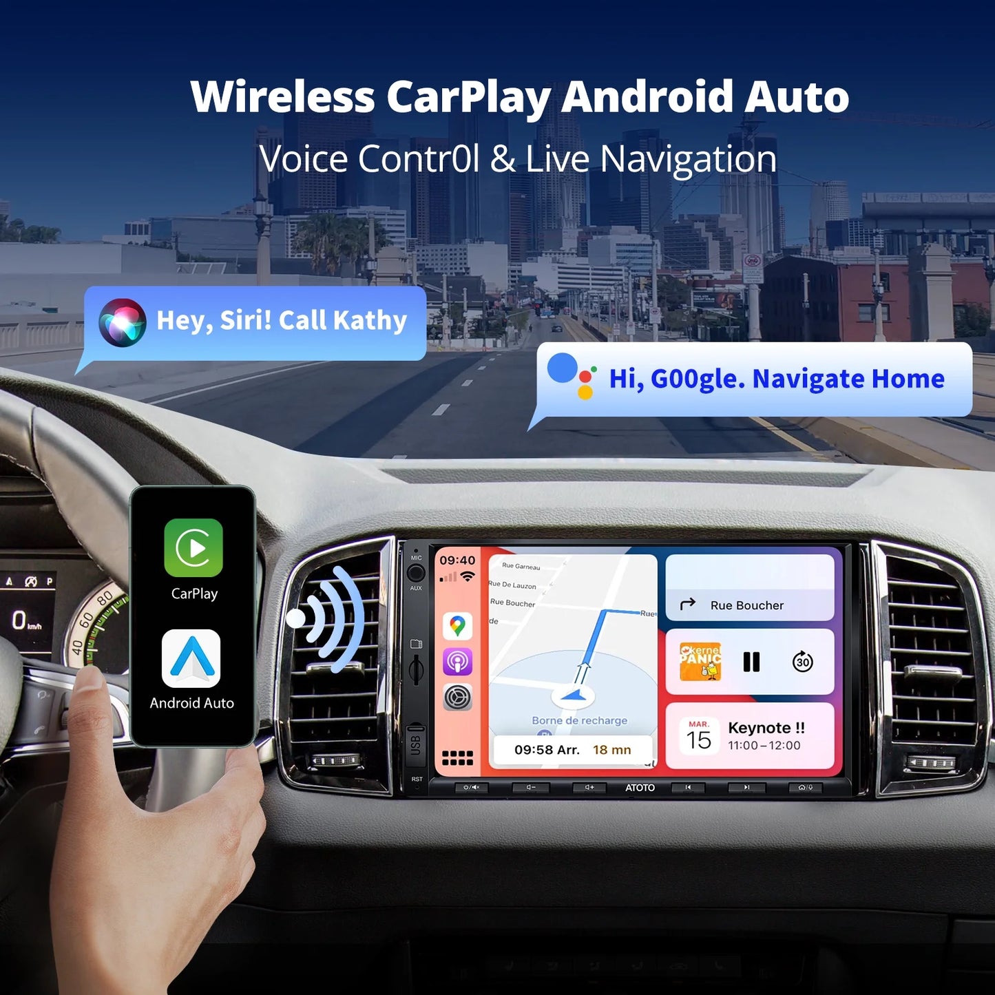 Double Din Car Stereo with Wireless Apple Carplay & Wireless Android Auto,7Inch F7WE Car Radio with GPS Navi,Hd Rear Camera