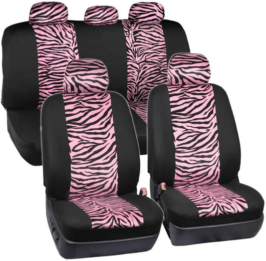 Velvet Zebra Pink Car Seat Covers, Full Set with Seat Belt Pads & Steering Wheel Cover, Universal Fit