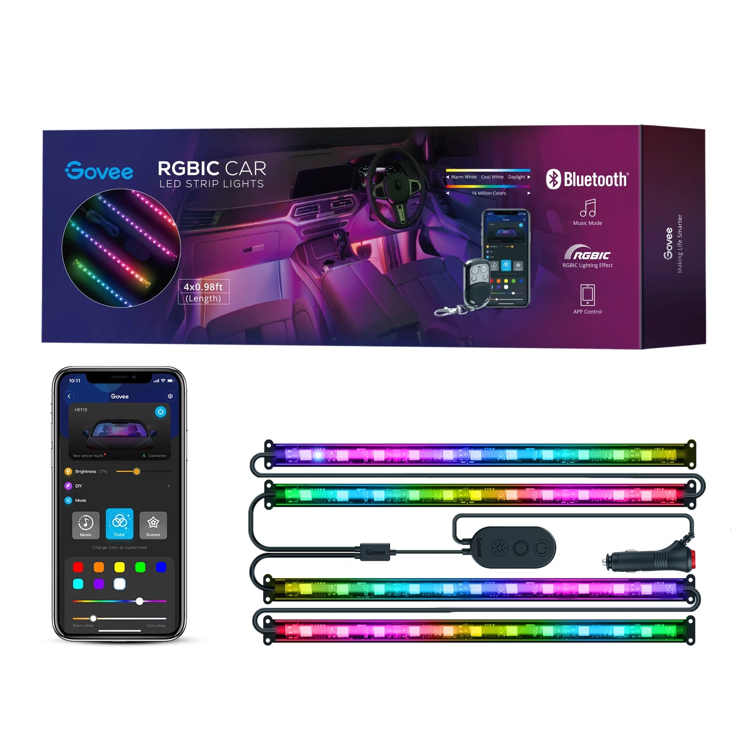 LED RGBIC Interior Car Lights, APP and Remote Control, Music Sync Feature, 16 Million Light Color with Silicone Coating