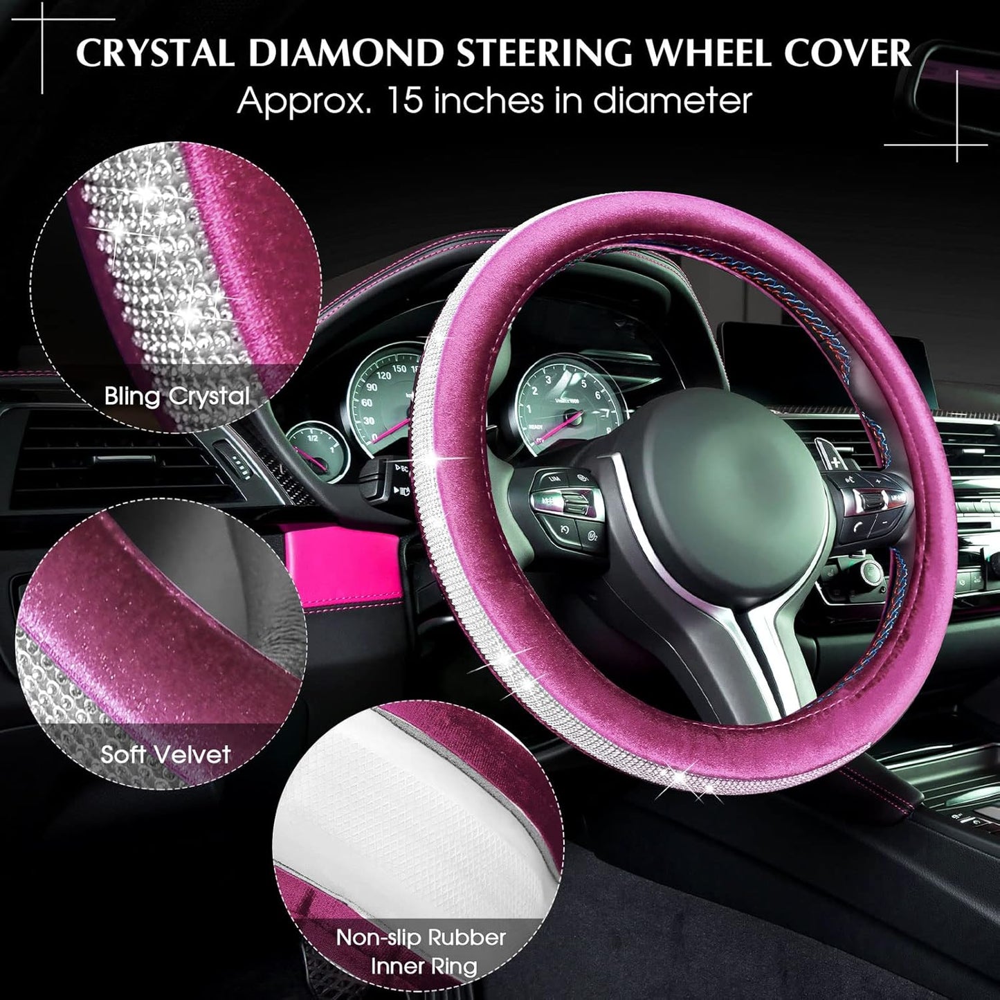 5 Pieces Bling Car Accessories Set Crystal Diamond Car Steering Wheel Cover Faux Fur Auto Center Console Pad Cup Holders Rhinestone Ring Sticker for Car Decor(Hot Pink)