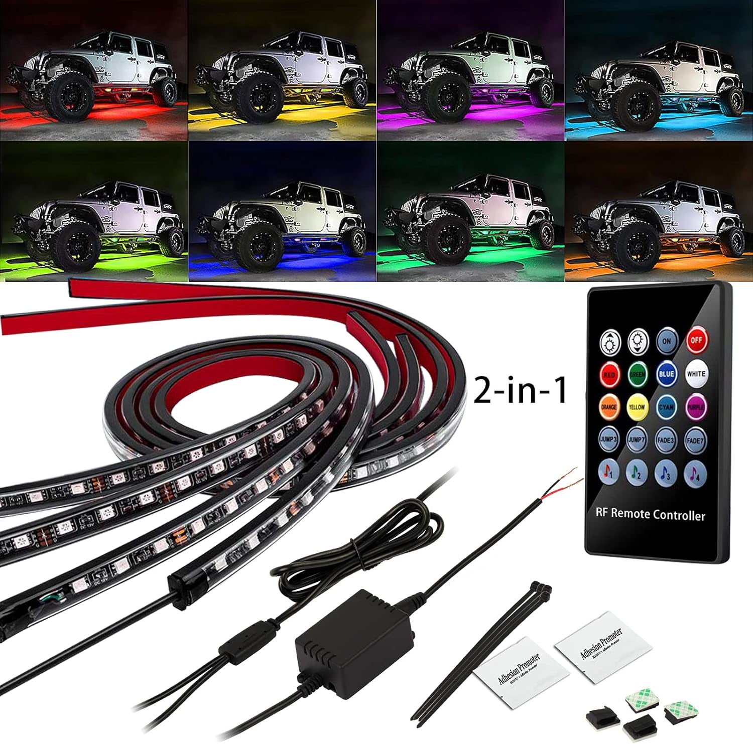 LED Underglow Strip Lights Kit for Car Exterior RGB Neon Accent Lights Underbody under Car Glow 4Pcs Wireless Remote Control Music Sync Lights for Car Truck Jeep SUV Pickup Waterproof 60X90Cm