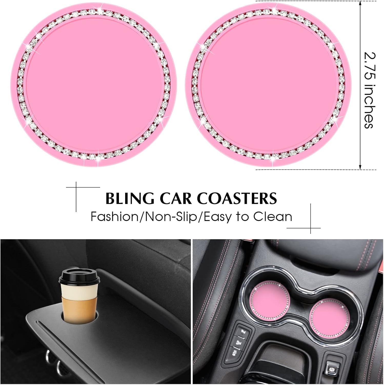 5 Pieces Bling Car Accessories Set Crystal Diamond Car Steering Wheel Cover Faux Fur Auto Center Console Pad Cup Holders Rhinestone Ring Sticker for Car Decor(Hot Pink)