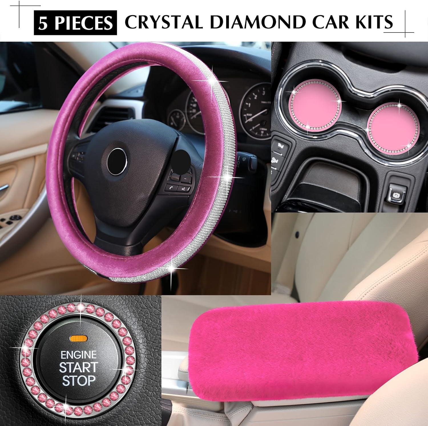 5 Pieces Bling Car Accessories Set Crystal Diamond Car Steering Wheel Cover Faux Fur Auto Center Console Pad Cup Holders Rhinestone Ring Sticker for Car Decor(Hot Pink)