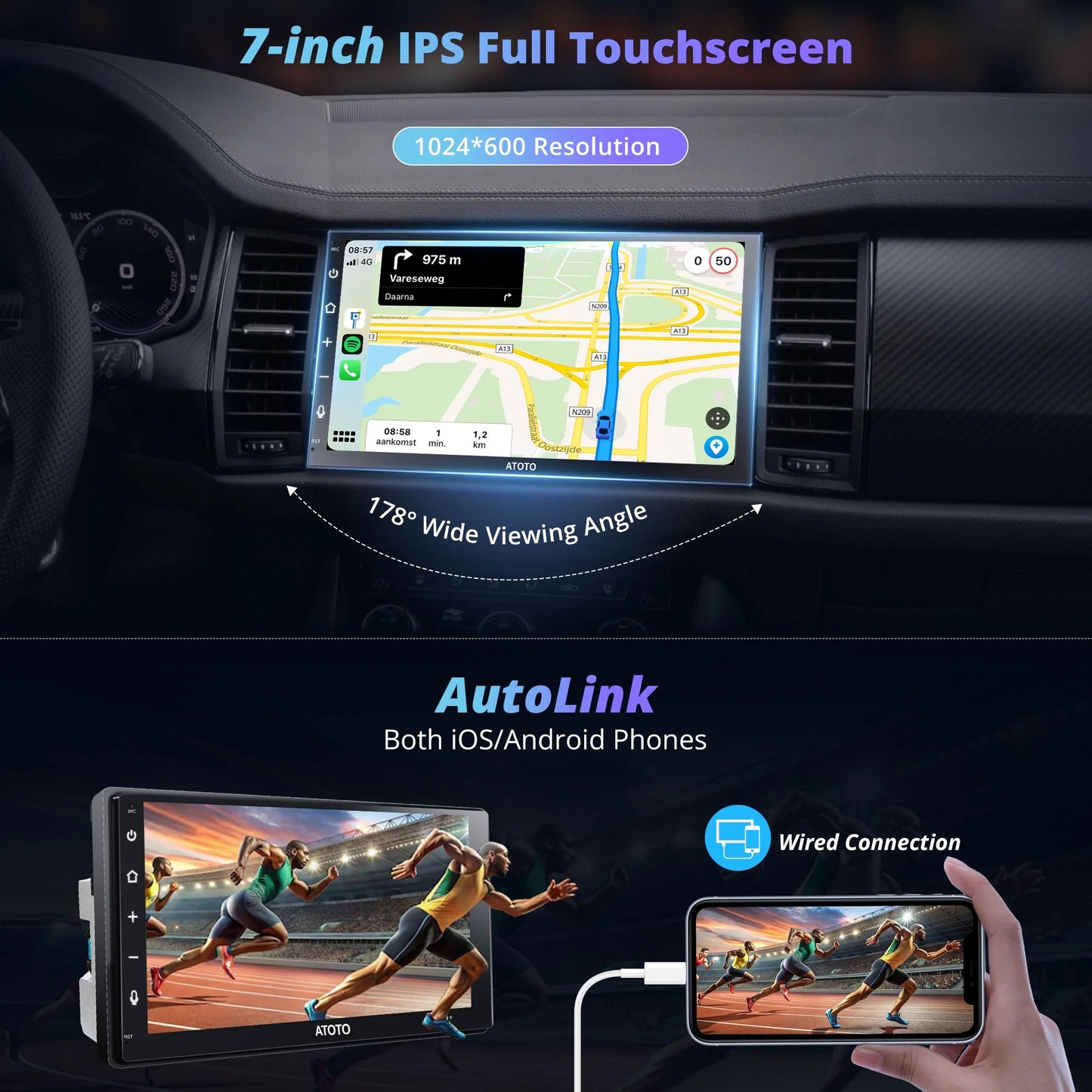 Double Din Car Stereo with Wireless Apple Carplay & Wireless Android Auto,7Inch F7WE Car Radio with GPS Navi,Hd Rear Camera