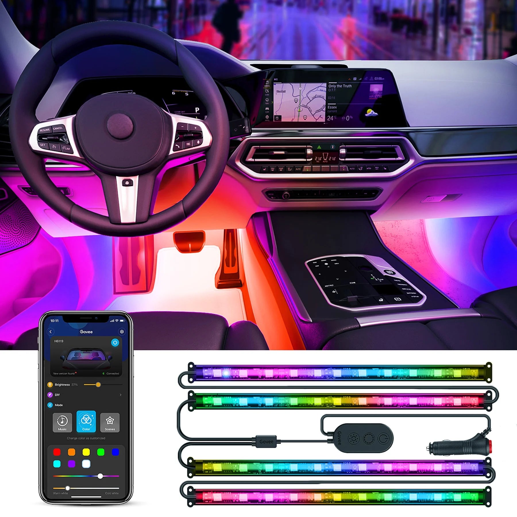 LED RGBIC Interior Car Lights, APP and Remote Control, Music Sync Feature, 16 Million Light Color with Silicone Coating