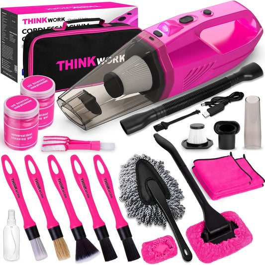 Pink Portable Vacuum Kit, Car Cleaning Kit with 8000PA Cordless Rechargeable Handheld Vacuum Cleaner,Car Interior Detailing Brush Set, Car Accessories for Cleaning, Gift for Women